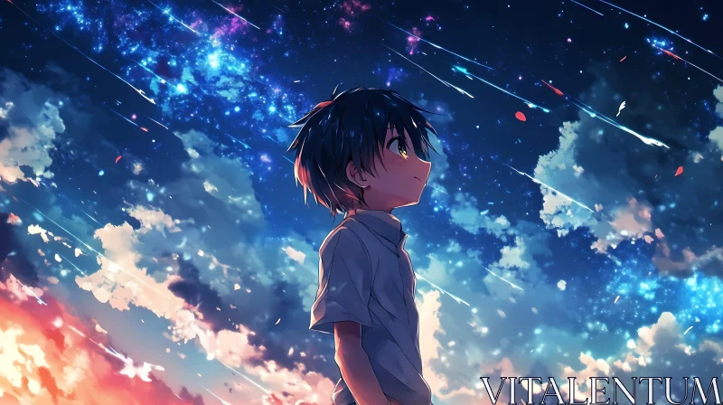 Child Wonder at Night Sky in Anime Art AI Image