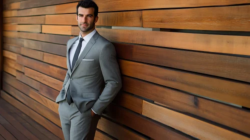 Man in Suit Leaning Against Wooden Wall