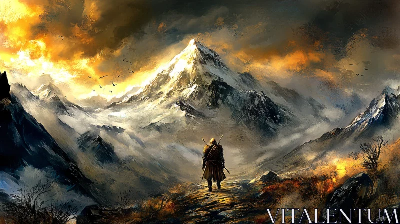 Lone Wanderer at the Foot of Mountains AI Image