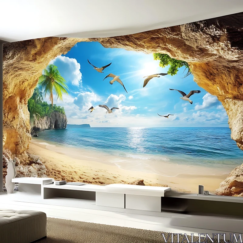 AI ART Serene Coastal Landscape with Sunlit Beach and Seagulls