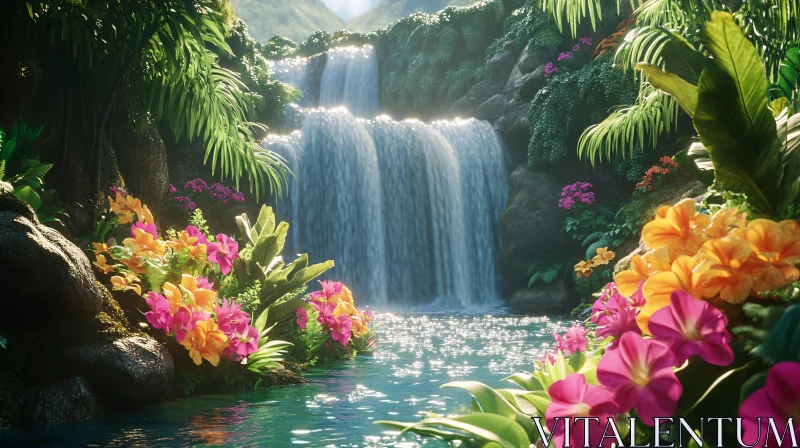 AI ART Tropical Oasis with Cascading Waterfall and Colorful Flowers