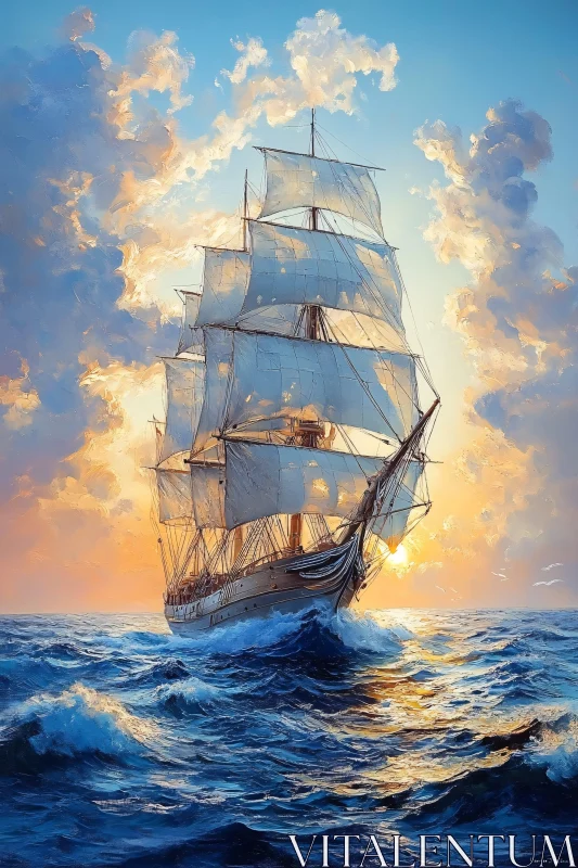 AI ART Sunset Journey of a Ship Over Majestic Sea Waves