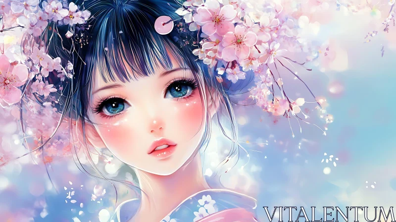 Anime Girl in Cherry Blossom Theme AI Image