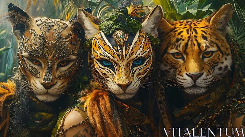 Mystical Feline Masks: A Tribal Gathering AI Image