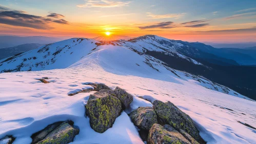 Snowy Mountain Peaks at Sunset