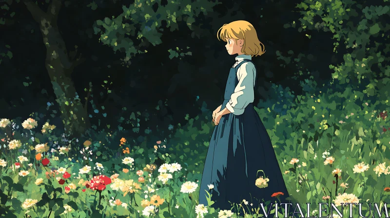 Peaceful Anime Scene of a Girl in a Meadow AI Image