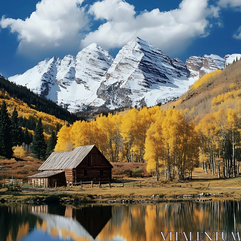 AI ART Autumnal Mountain Lake Cabin Scene