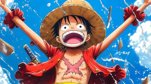 Energetic Anime Character with Straw Hat and Dynamic Background