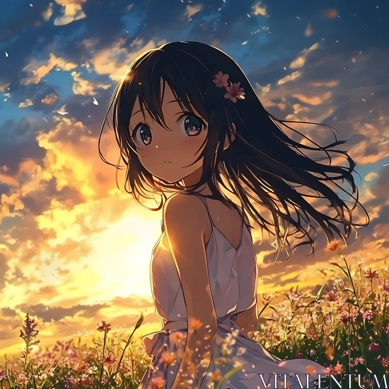 Serene Anime Sunset with Girl in Flower Field AI Image