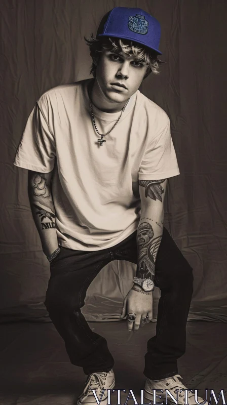 Justin Bieber Monochromatic Portrait with Tattoos AI Image