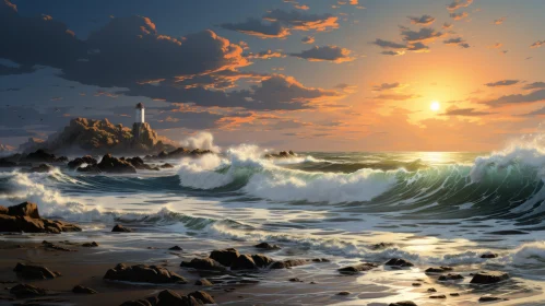 Sunset and Waves: A Captivating Coastal Landscape Painting