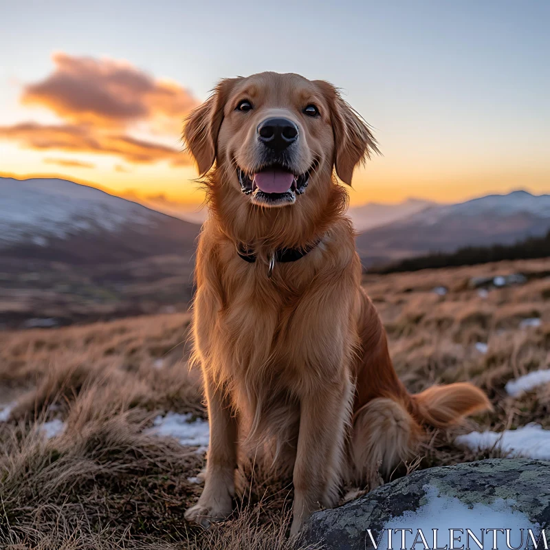 Golden Retriever at Sunset in the Mountains AI Image