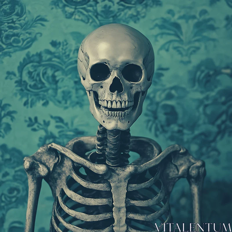 Anatomical Skeleton with Ornate Floral Wallpaper AI Image