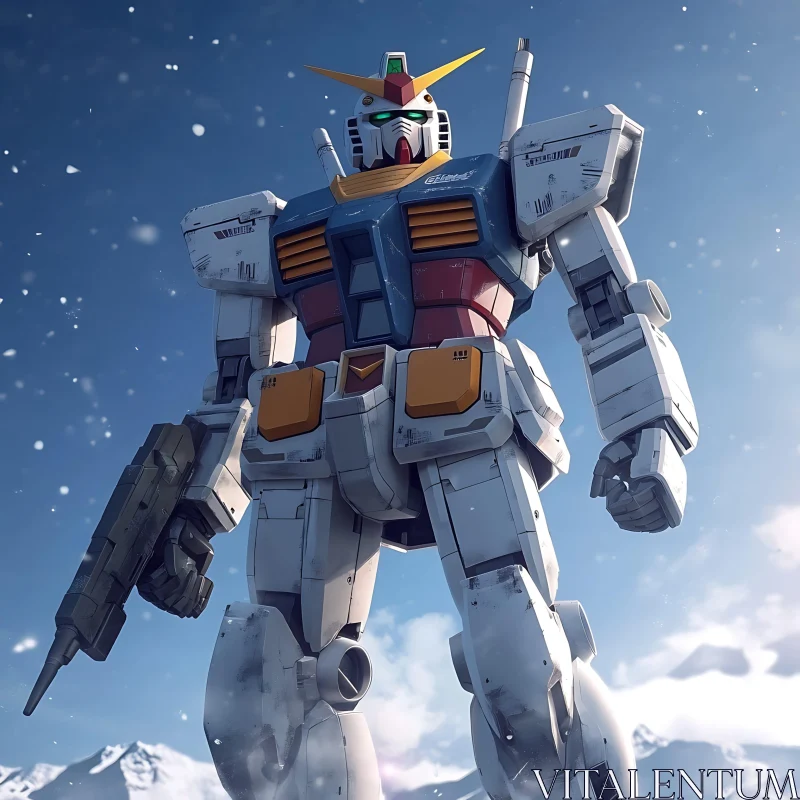 Giant Robot Amongst Snow-Capped Peaks AI Image