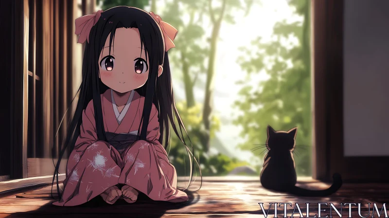 AI ART Anime Girl in Traditional Attire with Cat