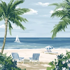 Tropical Beach Scene with Sailboat and Chairs