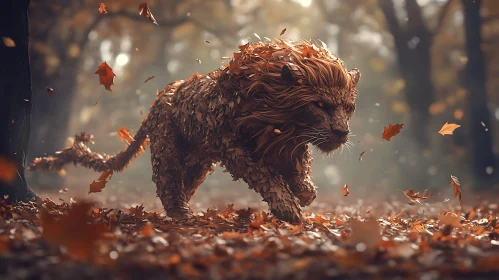 Lion Made of Leaves in Forest