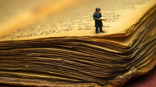 Tiny Figure on Ancient Book Pages