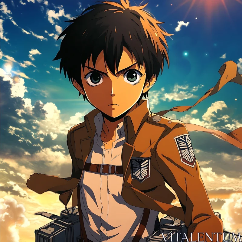 Anime Character with Mechanical Gear and Sunset Background AI Image