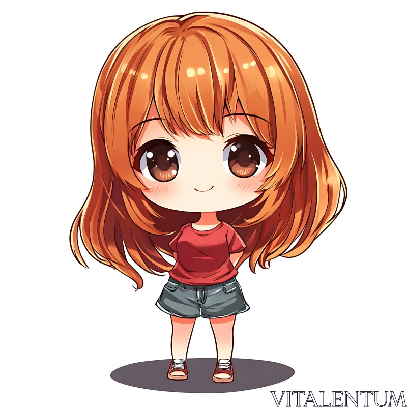 Cute Chibi Girl in Red T-Shirt and Denim Shorts AI Image