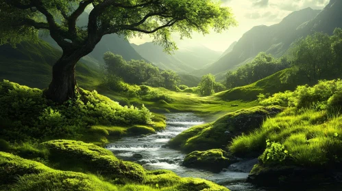 Tranquil Forest with Sunlit Stream and Majestic Mountains