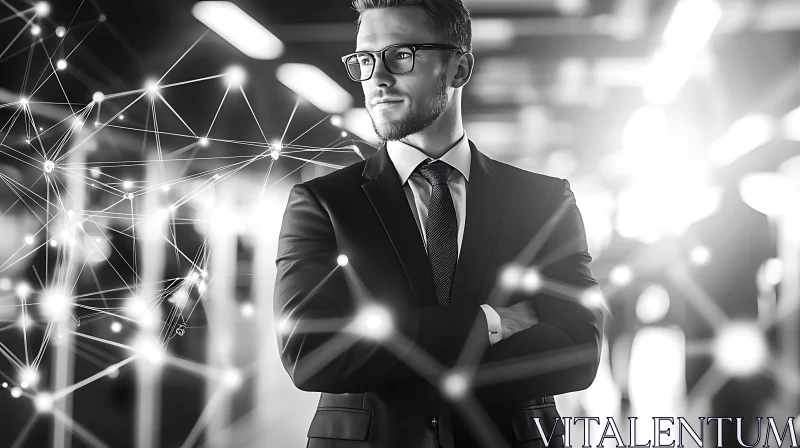 AI ART Modern Businessman with Digital Network Overlay