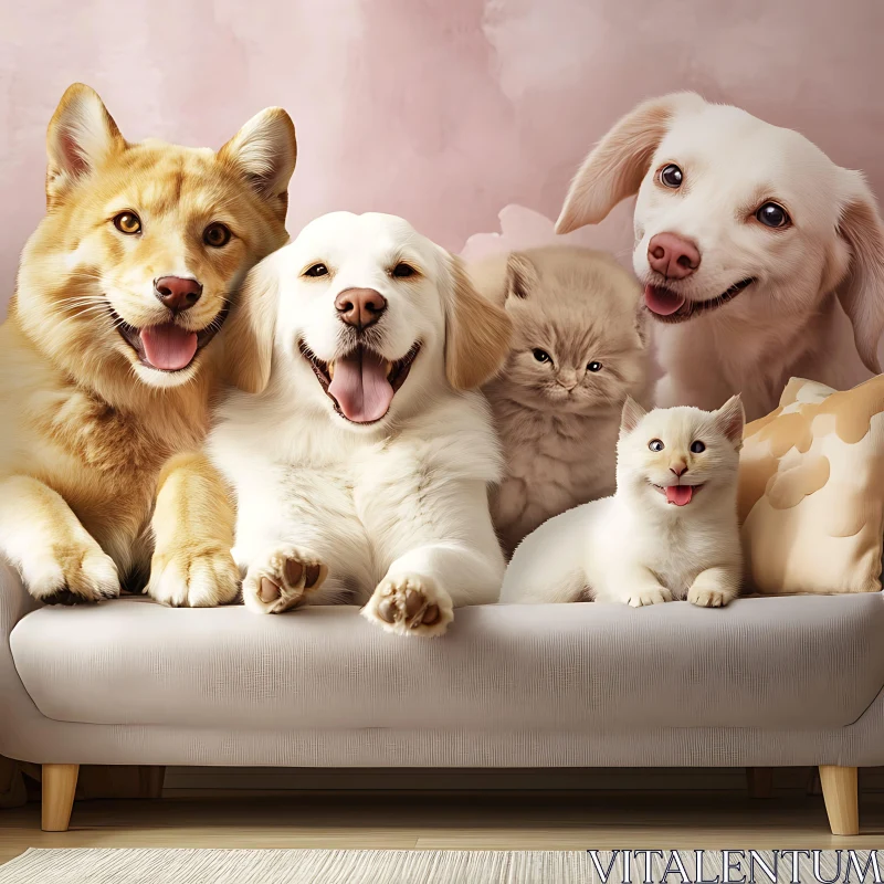 Group Photo of Happy Dogs and Cats on a Couch AI Image