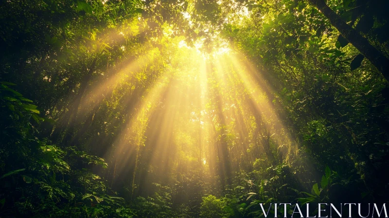 Sunbeams Piercing Through Forest Canopy AI Image