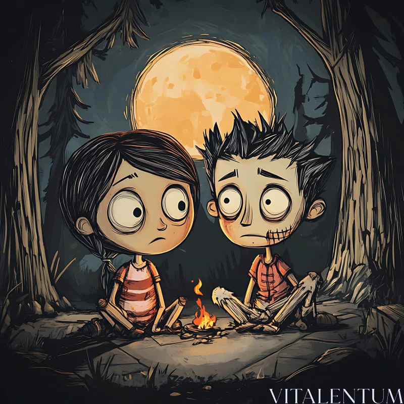 Sad Cartoon Children in Dark Forest AI Image