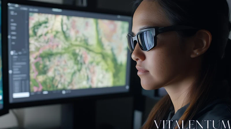 Woman with Glasses Studying Computer Monitor AI Image