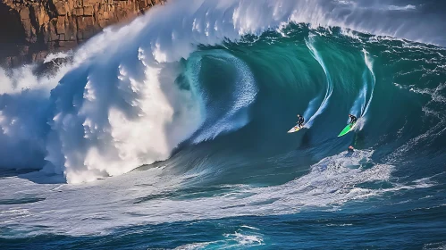 Surfers Riding Giant Waves Near Cliffs