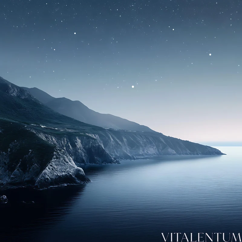 Coastal Mountain View at Night AI Image