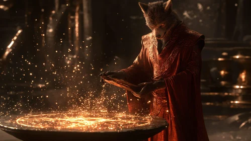 Mystical Wolf Wizard Performing Ritual