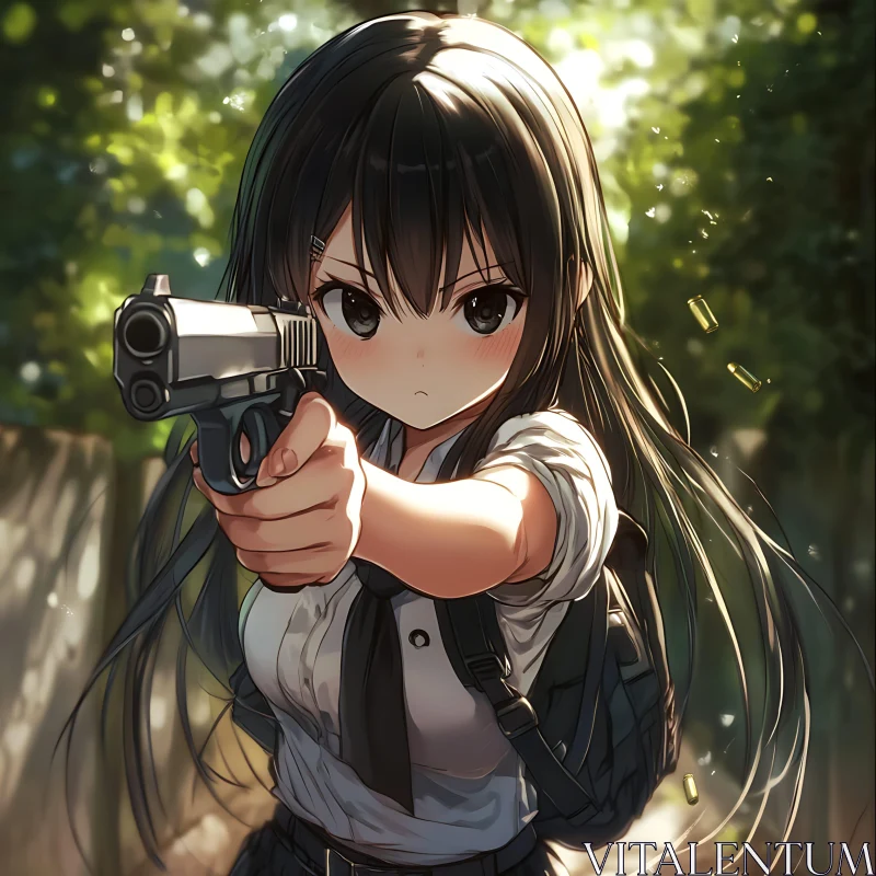 Determined Anime Girl Aiming in Sunlit Forest AI Image