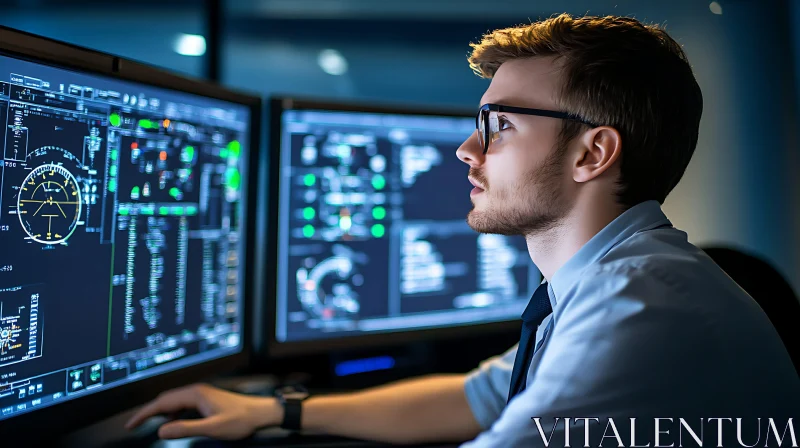 Man Analyzing Data on Computer Monitors AI Image