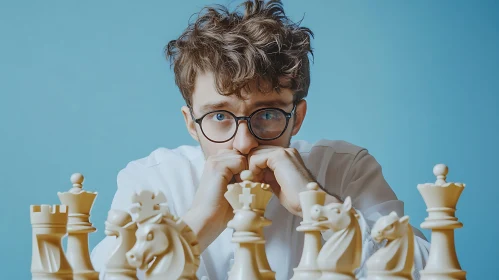 Man Concentrating on Chess Strategy