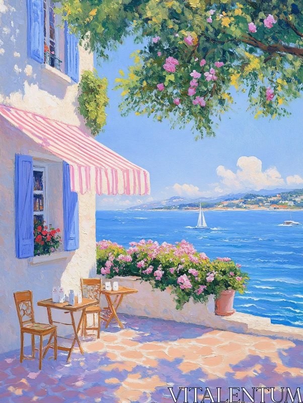AI ART Coastal Terrace with Flowers and Ocean View