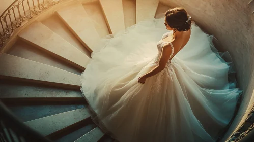 Woman in Wedding Dress Descending Stairs