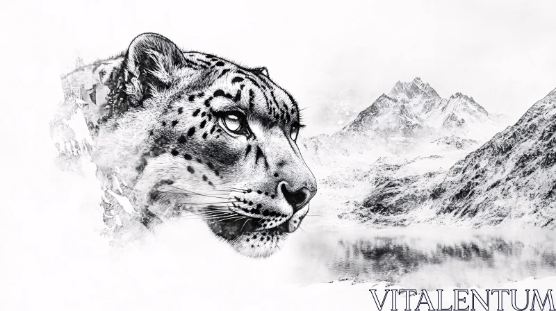 AI ART Monochrome Snow Leopard Mountain Scene