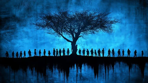 Figures Silhouetted Beneath a Tree