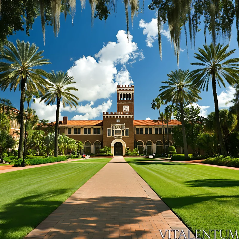 Elegant Building with Clock Tower Amidst Palm Trees AI Image