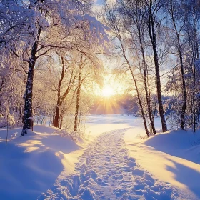 Winter Forest Path with Sunlight