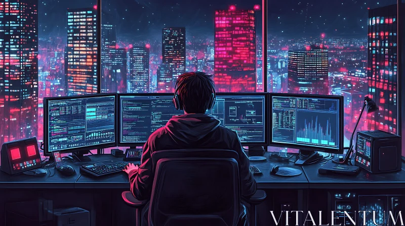 Coding in the Neon Cityscape AI Image