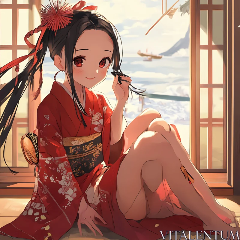 Traditional Japanese Anime Art Featuring Kimono Girl AI Image