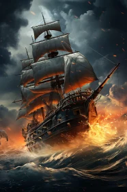 Flaming Ship Battling Through A Storm