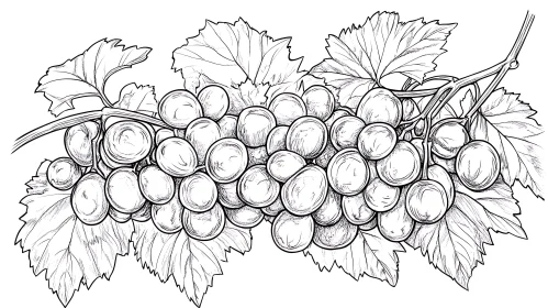 Monochrome Grape Bunch with Leaves Artwork