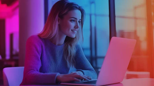 Female Professional Using Laptop in Neon Ambiance