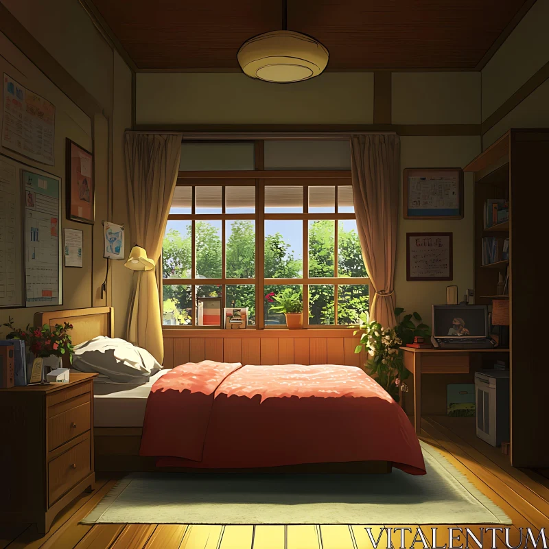 Cozy Bedroom with Large Window and Greenery AI Image