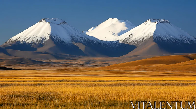 Snow Mountains and Golden Meadow Landscape AI Image