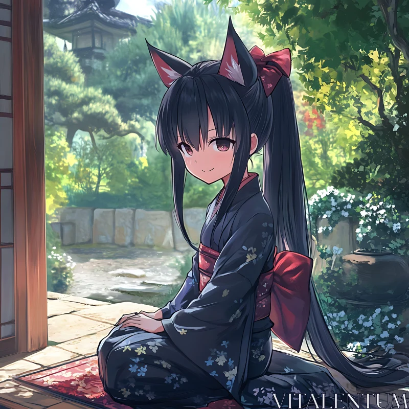 Anime Girl in Kimono with Fox Ears in Serene Garden AI Image